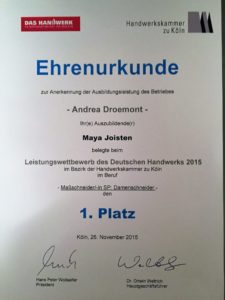 Gesellin Maya Joisten erster Platz Leistungswettbewerb des deutschen Handwerks als Maßschneiderin